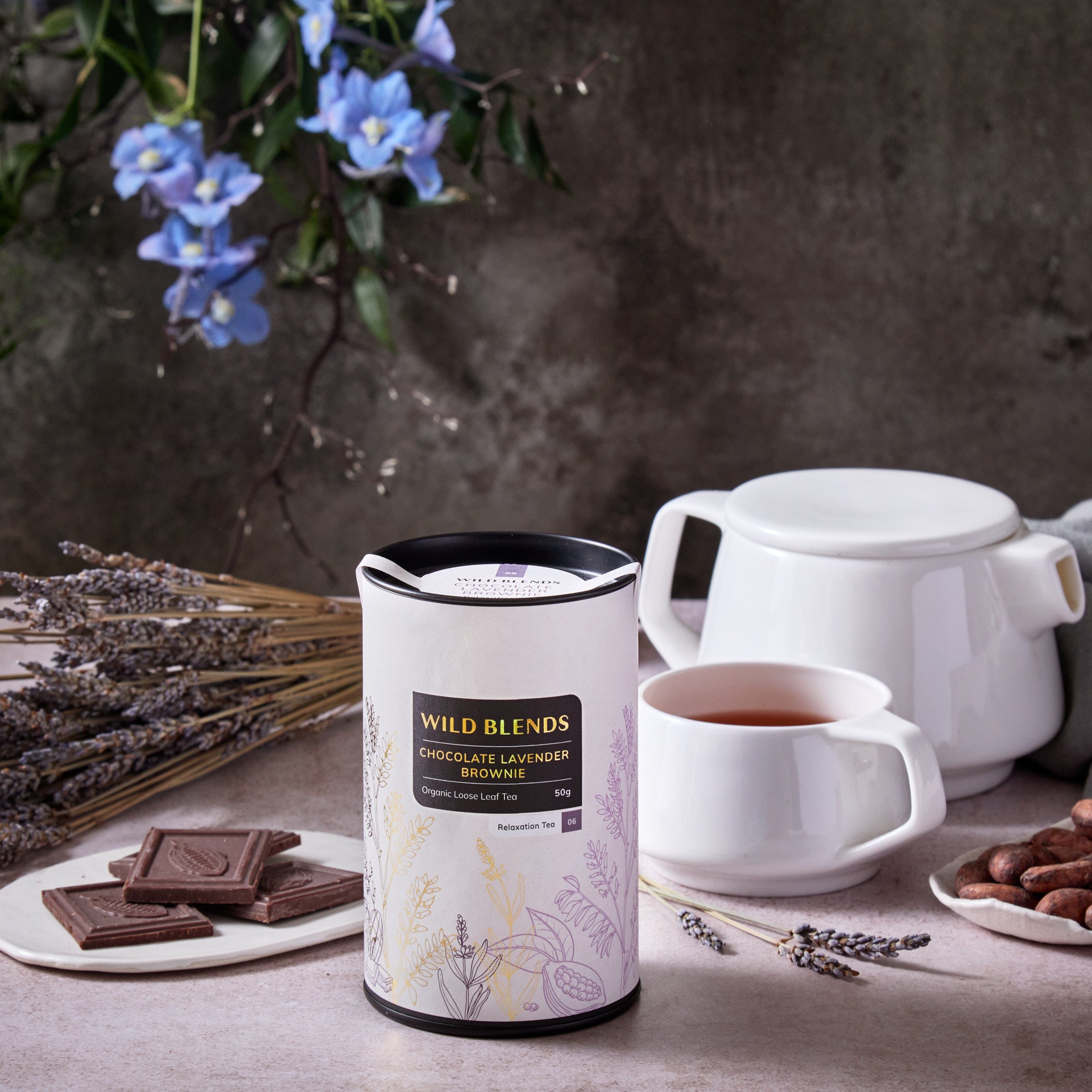 Chocolate Lavender Brownie tea tin with ingredients